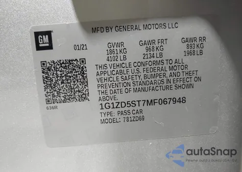 2021 Chevrolet Malibu Fwd Lt z USA, uszkodzony, nr VIN 1G1ZD5ST7MF067948